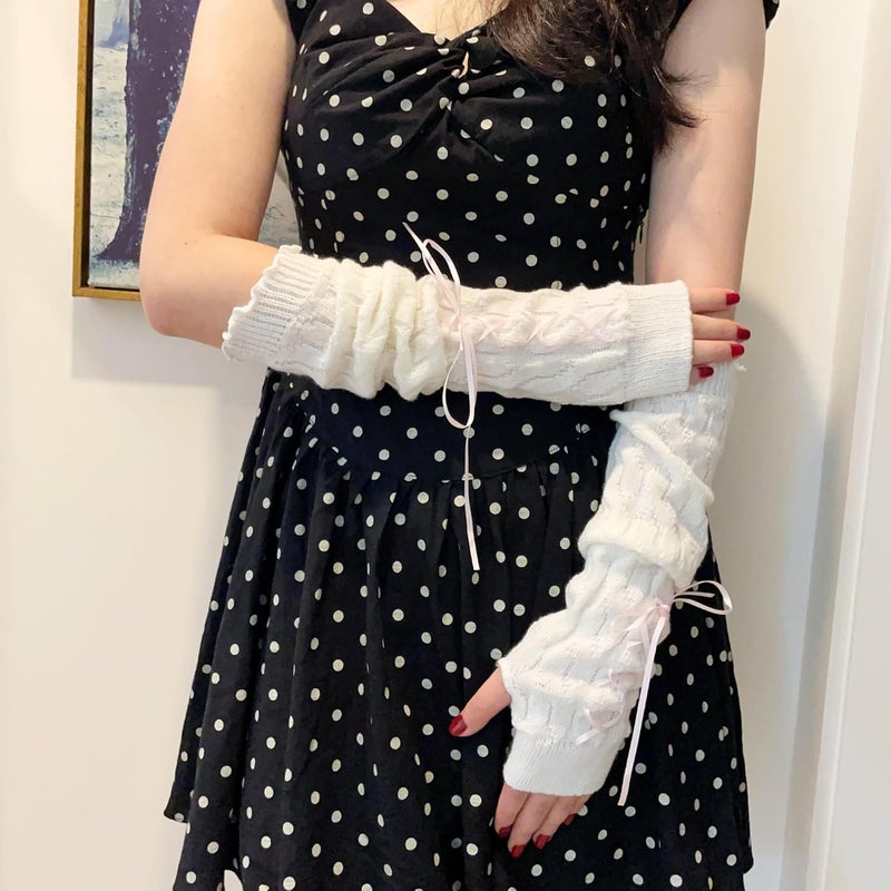 DUNKOING Cute Y2K Arm Warmers Kawaii Knitted Wrist Warmers Long Japanese Harajuku Goth Fingerless Sleeve for Women Girls - Image 4